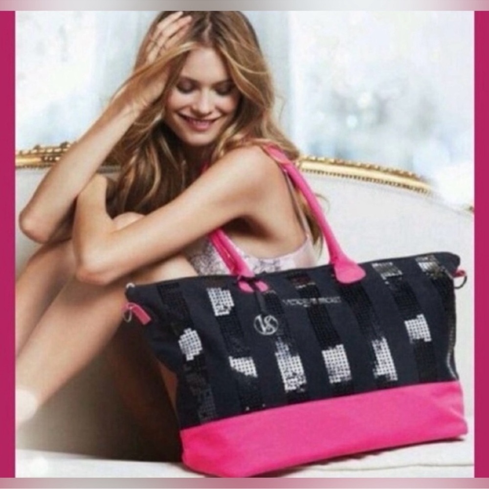 Victoria's Secret Black and Hot Pink Sequin Tote Very Large Weekender